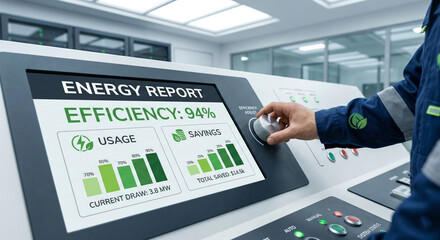 Engineer adjusting dial on energy efficiency report screen displaying usage savings data conservation industrial control panel technology industrial