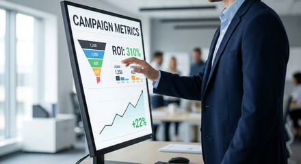 Businessman presenting campaign metrics with conversion funnel roi and performance graph showing growth