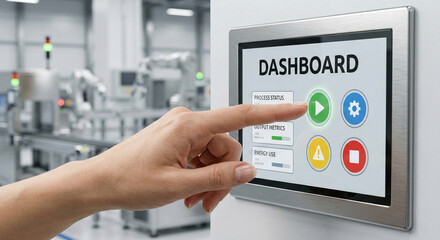 Industrial dashboard display showing process status output metrics and energy use with hand pressing play button