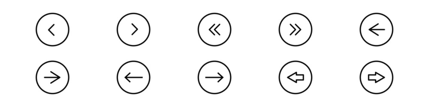 Set of ten outlined circular arrow icons for user interface navigation