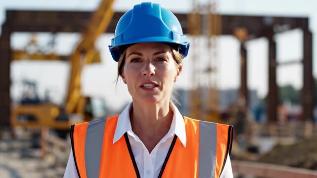 Construction worker woman in a blue helmet pointing at something.