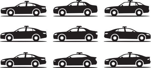 Twelve black silhouette police cars with light bars on roofs in a grid arrangement © Sabbir Art Express