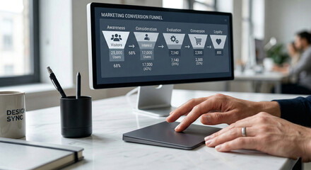 Marketing conversion funnel analysis on computer screen with visitors, interest, evaluation, conversion stages