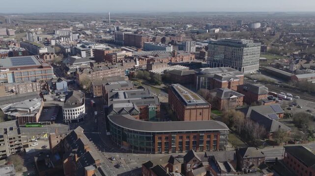 Establishing aerial view of Nottingham, city in the East Midlands of England, United Kingdom