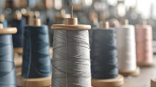 Close-up of colorful thread spools on a wooden table, showcasing textile craftsmanship and design.