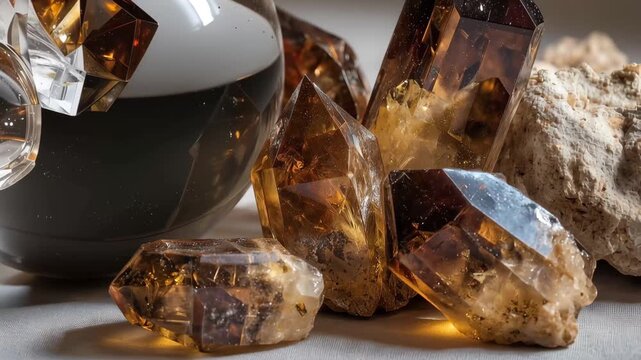 Beautiful crystals and glass orb placed on a flat surface with light reflection captured in a close-up view