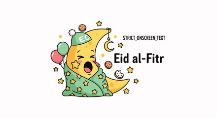 Naklejka premium Eid Mubarak Moon Character Celebrating Idul Fitri with Festivities