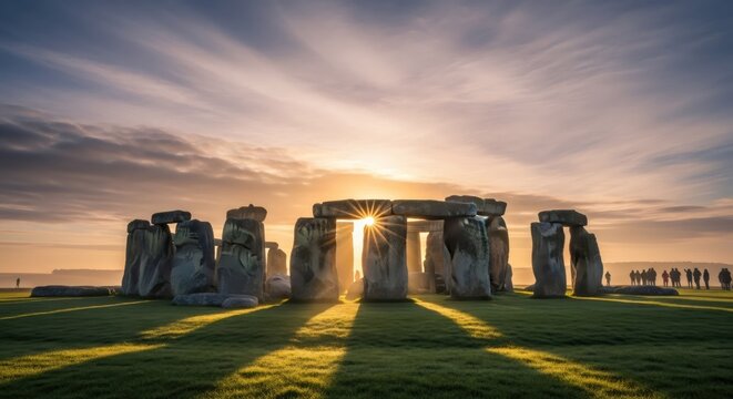 Stonehenge at sunrise with tourists standing on green grass. Ancient monoliths and megalithic stone circle in England. Historic landmark, travel destination, archaeological site, heritage.