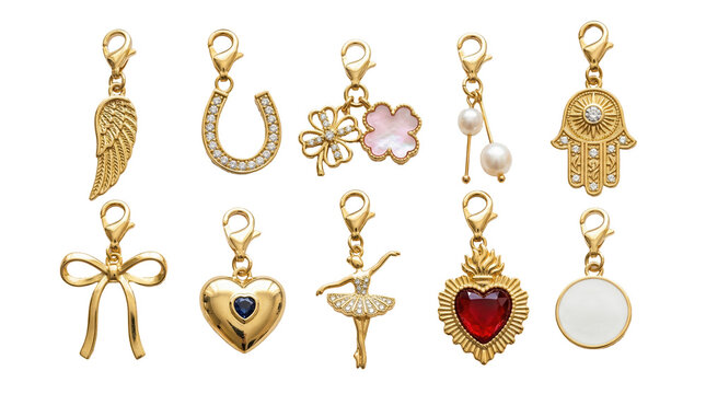 Elegant collection of symbolic gold charms with celestial hamsa hands, crystalline horseshoes and delicate ballerina motifs, personalized jewelry