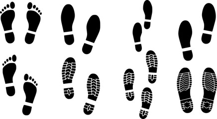 Footprint icon. Human barefoot or shoes footsteps. Foot track silhouettes. Boot and sneaker sole prints. Footwear trail shapes. Leg traces collection. Feet imprint. Vector symbol set See Less
