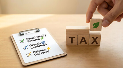 Hand placing wooden block with green leaf on top of tax blocks next to clipboard with eco friendly checklist on desk