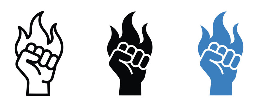 Empowerment and strength icon, raised fist with flame, symbolizing power, motivation, inner energy, leadership, personal growth, confidence