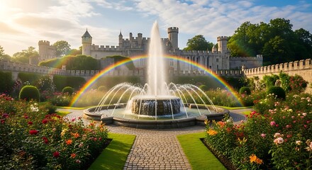 Fototapeta premium Rainbow over castle garden fountain