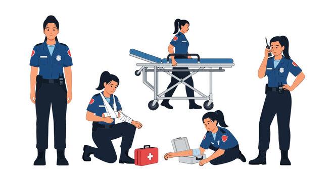 Emergency responders in action with medical equipment and stretcher