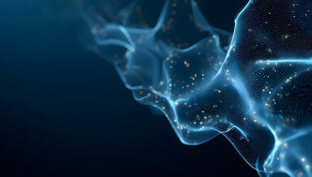 Deep blue ethereal particle flow background featuring soft glowing dots and wispy smoke like shapes drifting in dark space creating dreamy atmosphere for cinematic or scientific storytelling