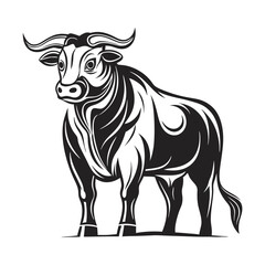 Fototapeta premium A bold, powerful bull stands with strong legs and imposing horns in black outline