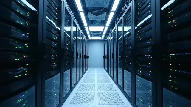 Data Center Server Room Corridor with Rows of Servers.
