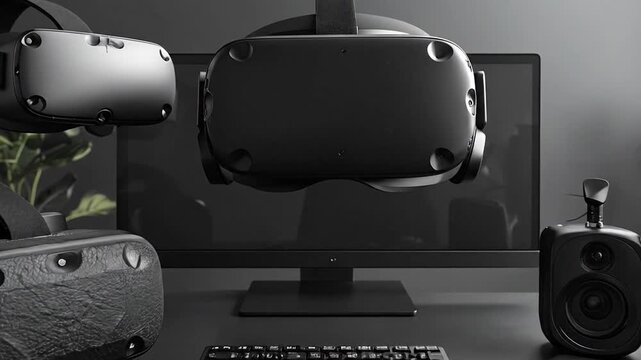 Modern workspace setup featuring VR headsets, computer monitor, and various tech accessories on a dark background.