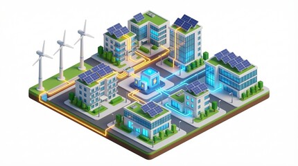 Sustainable cityscape with solar panels and wind turbines for eco-friendly energy solutions