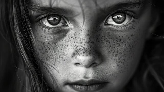 Close-up of a young girl's expressive eyes. Her freckles dot her nose and cheeks. Dark lashes frame her wide, soulful gaze. Soft, natural light highlights her youthful features