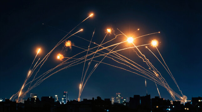 Nighttime missile defense system intercepting rockets over city skyline, aerial warfare with light trails and explosions in dark sky, urban security and military technology.