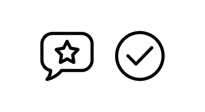 Feedback submission and submit button icon set with speech bubble star rating and checkmark approval symbols.