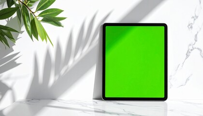 Fototapeta premium Tablet with Green Screen on Marble Surface with Plant Shadows.