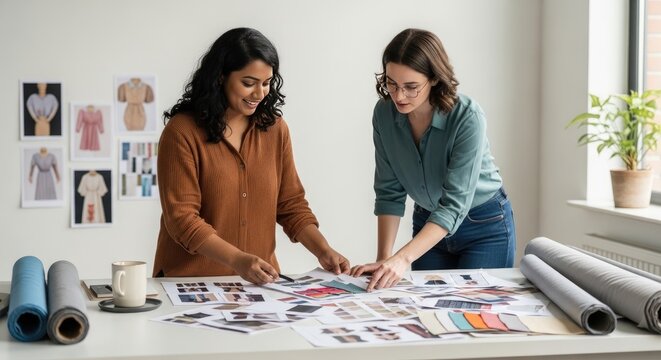 Two diverse female fashion designers collaborating on new clothing line designs.