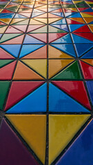 Fototapeta premium Colorful geometric tiles arranged in a pattern on the floor.