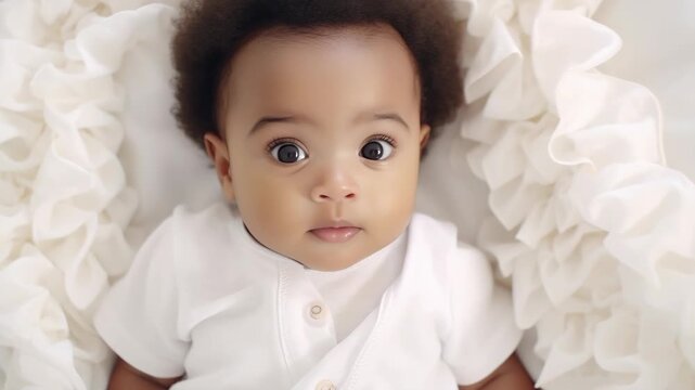 Tiny baby lies in soft, white ruffled bedding. Big, curious eyes gaze softly upward. Cradled gently, baby wears a simple white top. Delicate curls frame baby's sweet, calm face
