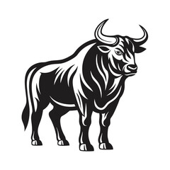 Isolated black bull figure confidently stands facing forward on a solid white background