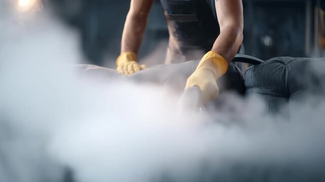 Medium shot of a technician using steam cleaning equipment on upholstery to kill dust mites and improve indoor air quality in a hypoallergenic treatment.