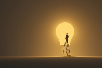 Naklejka premium A silhouette of a businessman standing on a ladder reaching towards a large, glowing light bulb representing a bright idea.