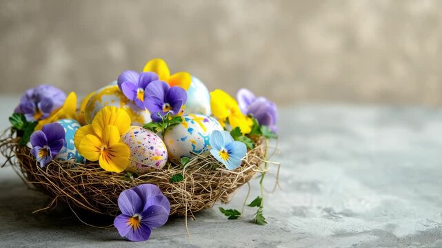 Soft light glows on Easter eggs. Colorful flowers nestle in woven basket. Eggs rest among blossoms, rustic charm. Stone surface offers calm, textured backdrop