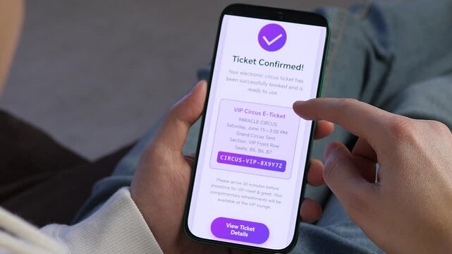 Buying show tickets on a smartphone. Digital VIP circus ticket confirmed on a mobile screen with seat details. Person holding phone and checking event info. Modern entertainment booking and paperless