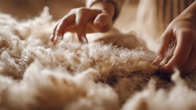 Closeup medium shot of a person softly handling lambs wool demonstrating tender cleaning and maintenance of natural fibers.