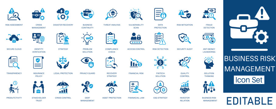 Business Risk Management icon set. Includes symbols for Anti Money Laundering, Fraud Detection, ESG Strategy, and Crisis. Solid glyph vector icons for finance, security, and compliance projects.