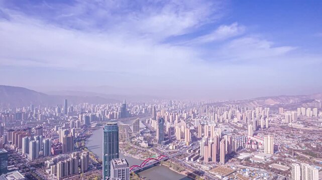 Lanzhou Skyline with Yellow River and Mountains - Aerial View
