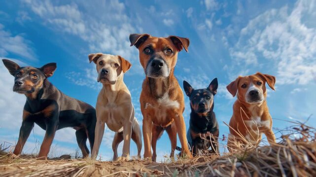 Five dogs stand alert in golden field. Browns, blacks, and tan coats glow under sun. Bright blue sky with scattered clouds above. They look directly at camera with curious eyes. Dogs wear no collars
