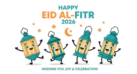 Fototapeta premium Happy eid al-fitr 2026 card with dancing lanterns and stars on white background