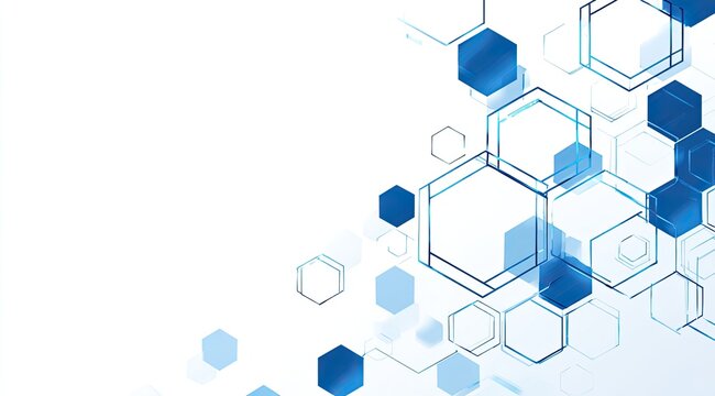 Abstract blue hexagons float on a white backdrop, creating a futuristic, techy vibe