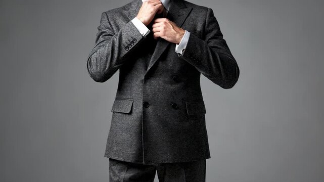 Tailored doublebreasted suit with heavy flannel fabric showcasing robust overlapping panels and peak lapels emphasizing warmth and structured silhouette in cooler climates.