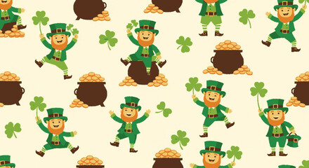 Fototapeta premium St patrick's day seamless pattern with leprechauns shamrocks and pots of gold on cream background