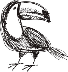 Fototapeta premium Hand drawn sketch of a toucan bird in black ink with simple, rough strokes and detailed beak features