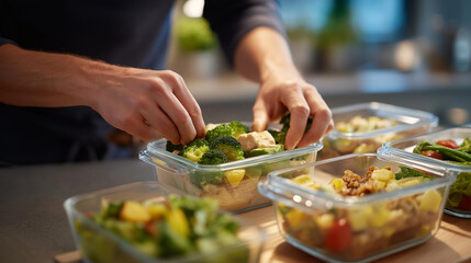 Person meal prepping containers of balanced healthy food for the entire week on a Sunday kitchen session, perfect for weight loss nutrition preparation, healthy eating habit, meal planning, modern