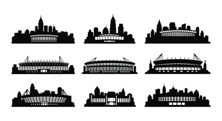 Black silhouettes of city skylines and sports stadiums arranged in a grid © Soleman