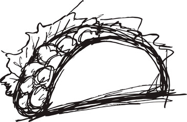 Hand drawn taco sketch with textured lines and simple detailing of shell and filling