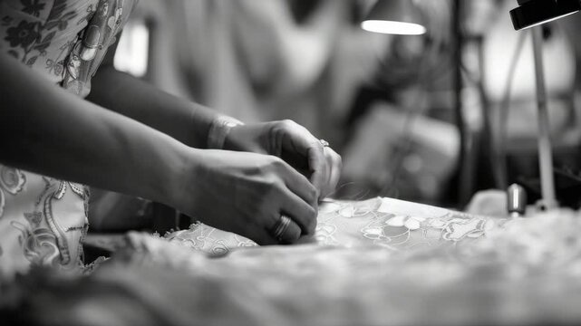 Soft hands stitch delicate lace fabric with gentle care. Fine needle moves methodically through textured embroidery. Background blur highlights focused, quiet craftsmanship