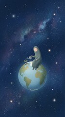 Fototapeta premium Cartoon character nurturing a plant while sitting on Earth in space 