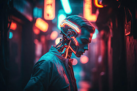 Profile of a man with glowing cybernetic circuits on his neck in a neon city. Futuristic science fiction photography for transhumanism and cyberpunk concepts.